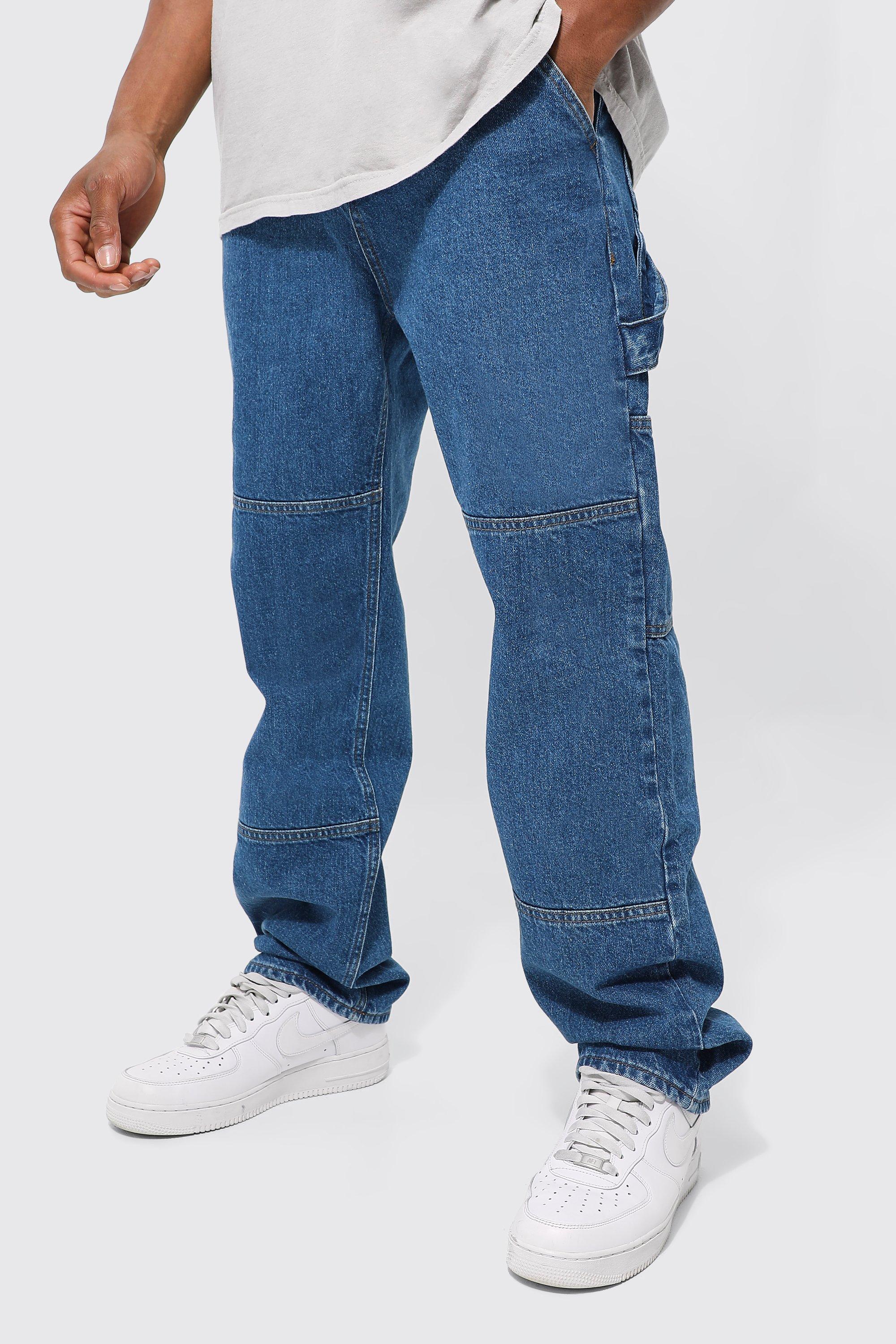 Mens Blue Relaxed Fit Carpenter Jeans With Drop Crotch, Blue